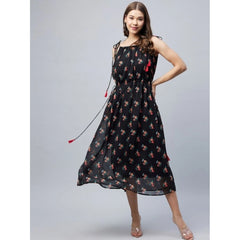 Mayawye Women's Chiffon Floral Square Neck Sleeveless Dress (Black)