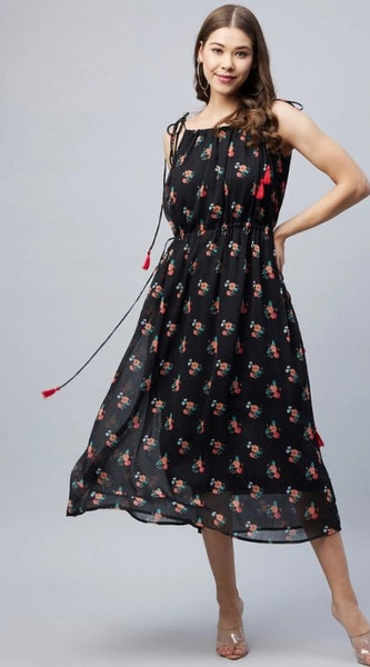 Mayawye Women's Chiffon Floral Square Neck Sleeveless Dress (Black)