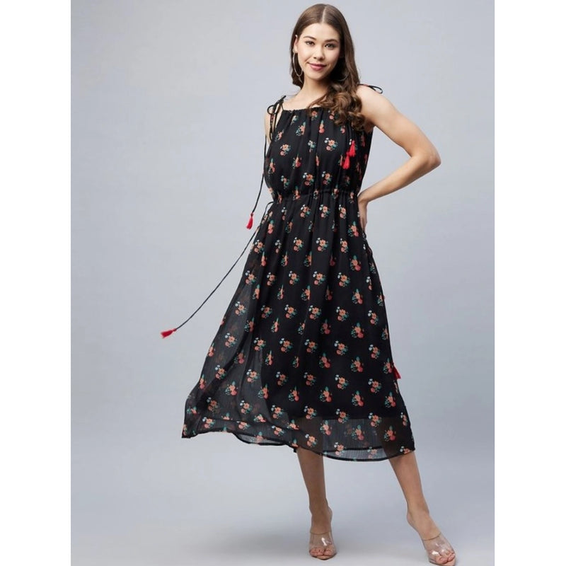Mayawye Women's Chiffon Floral Square Neck Sleeveless Dress (Black)
