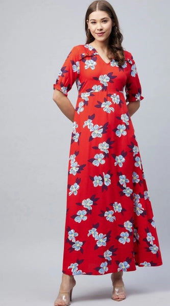 Mayawye Women's Cotton Blend Floral V-Neck Half Sleeve Dress (Blue-Red)
