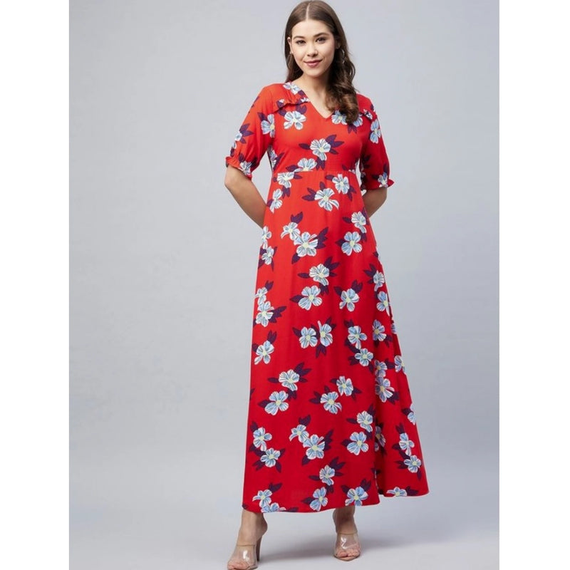 Mayawye Women's Cotton Blend Floral V-Neck Half Sleeve Dress (Blue-Red)