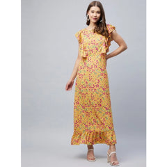Mayawye Women's Polyester Floral Round Neck Flutter Dress (Red)