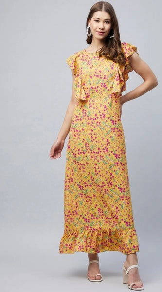 Mayawye Women's Polyester Floral Round Neck Flutter Dress (Red)