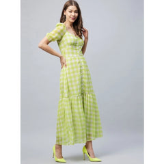 Mayawye Women's Polyester-Cotton Blend Checkered Square Neck Half Sleeve Dress (Lime Green)