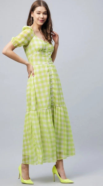 Mayawye Women's Polyester-Cotton Blend Checkered Square Neck Half Sleeve Dress (Lime Green)