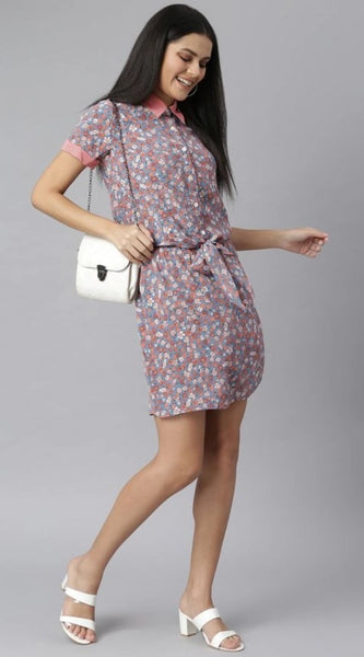 Mayawye Women's Polyester Moss Floral Collar Neck Short Sleeve Dress (Grey-Red)