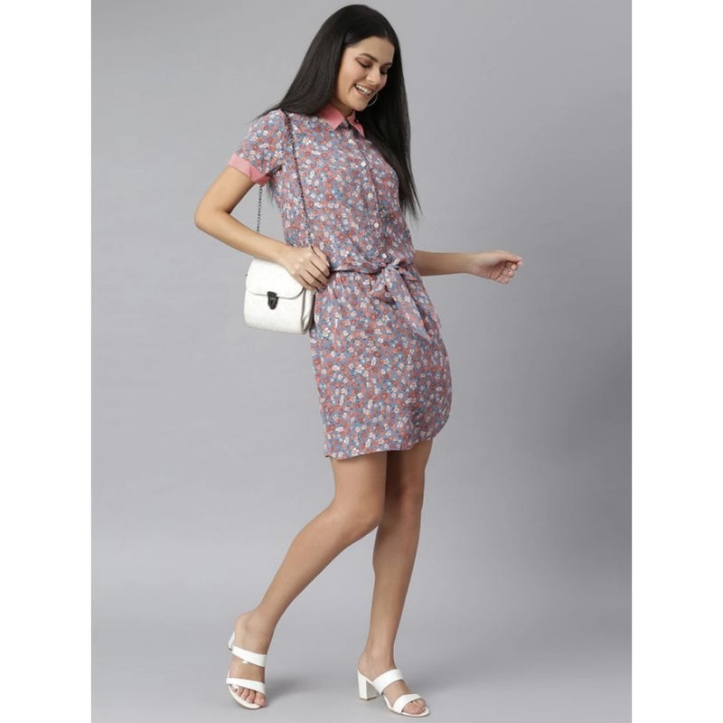 Mayawye Women's Polyester Moss Floral Collar Neck Short Sleeve Dress (Grey-Red)