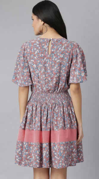 Mayawye Women's Polyester Moss Floral Round Neck Flutter Dress (Grey-Red)