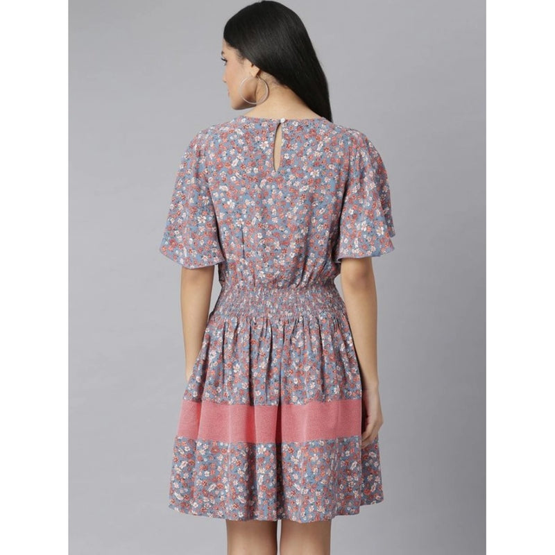 Mayawye Women's Polyester Moss Floral Round Neck Flutter Dress (Grey-Red)