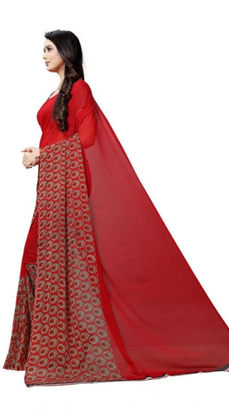 Mayawye Women's Georgette Printed Saree With Unstitched Blouse 5.5Mtr (Red)