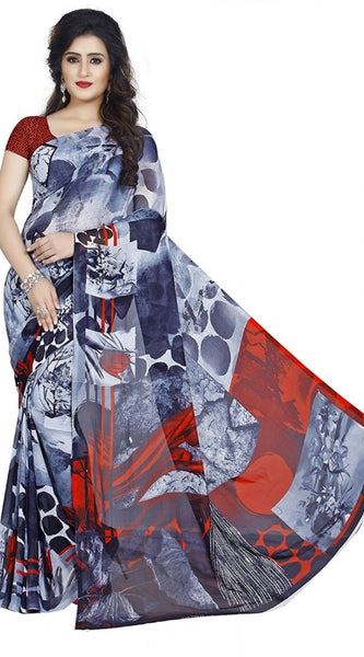 Mayawye Women's Faux Georgette Printed Saree With Unstitched Blouse 5.5Mtr (Black)