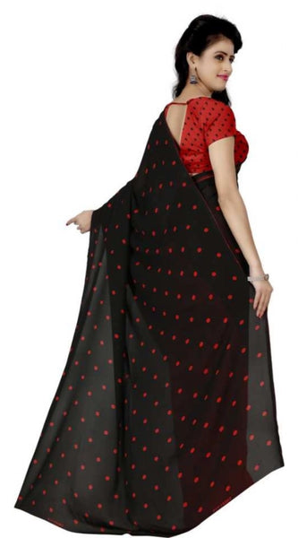 Mayawye Women's Faux Georgette Printed Saree With Unstitched Blouse 5.5Mtr (Red black)