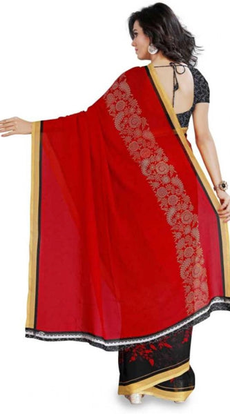 Mayawye Women's Faux Georgette Printed Saree With Unstitched Blouse 5.5Mtr (Red)