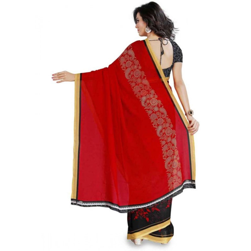 Mayawye Women's Faux Georgette Printed Saree With Unstitched Blouse 5.5Mtr (Red)