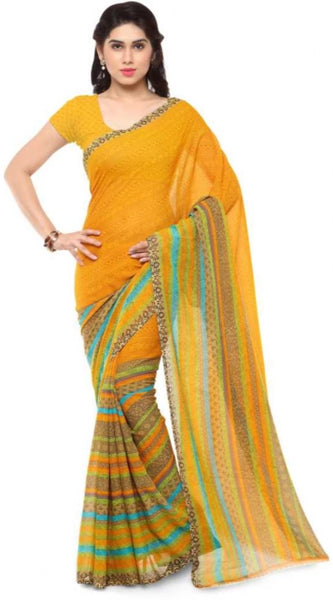 Mayawye Women's Faux Georgette Printed Saree With Unstitched Blouse 5.5Mtr (Yellow)