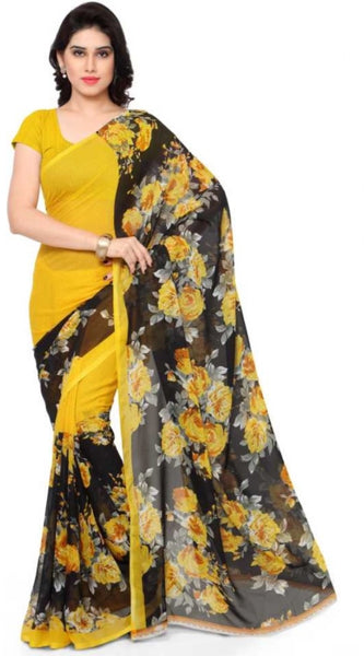 Mayawye Women's Faux Georgette Printed Saree With Unstitched Blouse 5.5Mtr (Yellow)