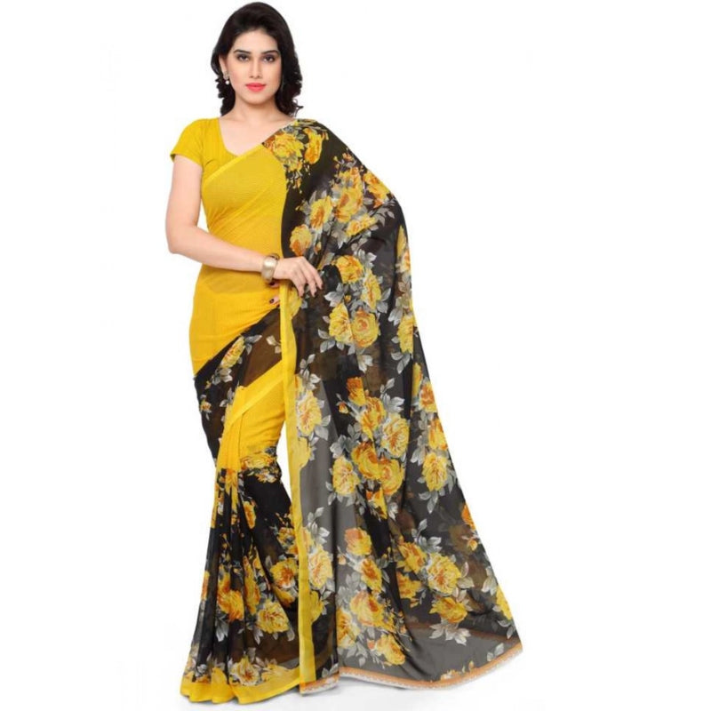 Mayawye Women's Faux Georgette Printed Saree With Unstitched Blouse 5.5Mtr (Yellow)