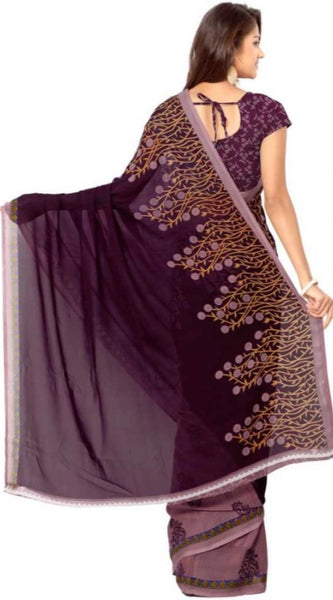 Mayawye Women's Faux Georgette Printed Saree With Unstitched Blouse 5.5Mtr (Wine)