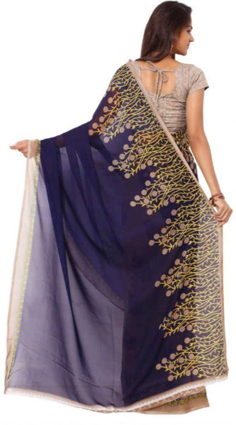 Mayawye Women's Faux Georgette Printed Saree With Unstitched Blouse 5.5Mtr (Blue)