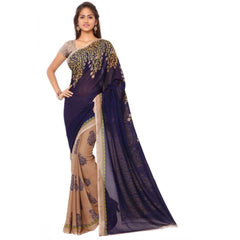 Mayawye Women's Faux Georgette Printed Saree With Unstitched Blouse 5.5Mtr (Blue)