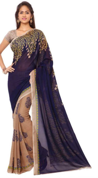 Mayawye Women's Faux Georgette Printed Saree With Unstitched Blouse 5.5Mtr (Blue)