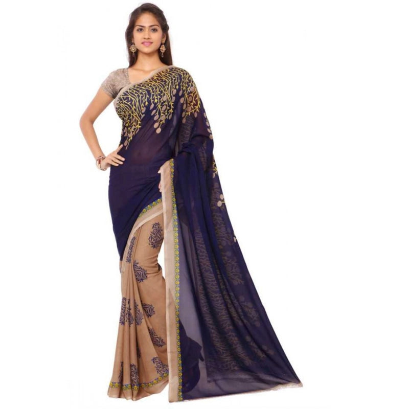 Mayawye Women's Faux Georgette Printed Saree With Unstitched Blouse 5.5Mtr (Blue)