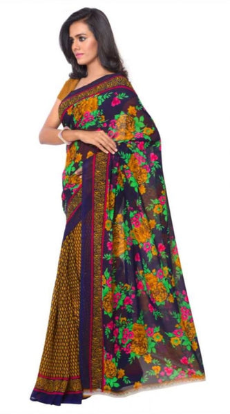 Mayawye Women's Faux Georgette Printed Saree With Unstitched Blouse 5.5Mtr (Gold)