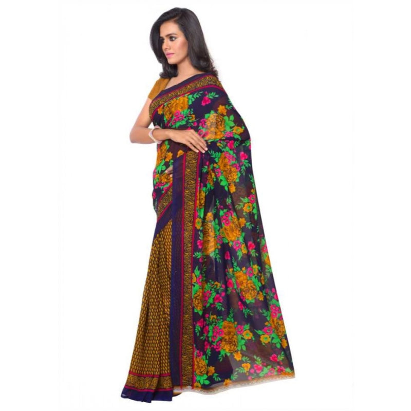 Mayawye Women's Faux Georgette Printed Saree With Unstitched Blouse 5.5Mtr (Gold)