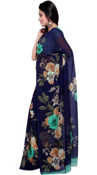 Mayawye Women's Faux Georgette Printed Saree With Unstitched Blouse 5.5Mtr (Blue)