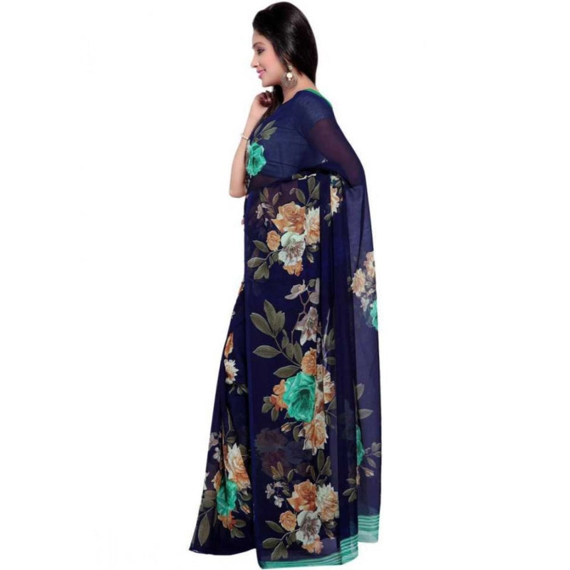 Mayawye Women's Faux Georgette Printed Saree With Unstitched Blouse 5.5Mtr (Blue)