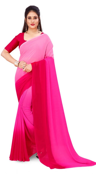 Mayawye Women's Georgette Solid Saree With Unstitched Blouse 5.5Mtr (Pink)