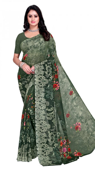 Mayawye Women's Faux Georgette Printed Saree With Unstitched Blouse 5.5Mtr (Green)
