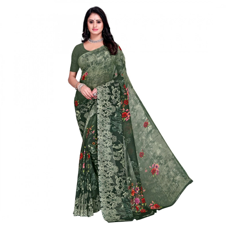 Mayawye Women's Faux Georgette Printed Saree With Unstitched Blouse 5.5Mtr (Green)