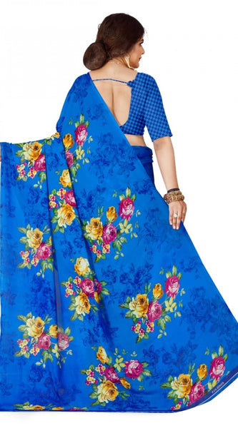 Mayawye Women's Faux Georgette Printed Saree With Unstitched Blouse 5.5Mtr (Blue)