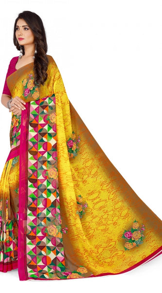 Mayawye Women's Faux Georgette Printed Saree With Unstitched Blouse 5.5Mtr (Yellow)