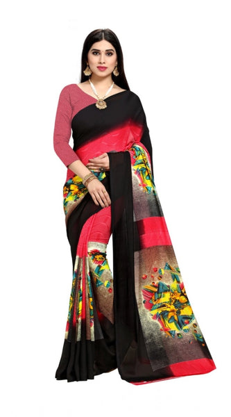 Mayawye Women's Georgette Printed Saree With Unstitched Blouse 5.5Mtr (Pink)