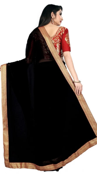 Mayawye Women's Chiifon Saree Printed Saree With Unstitched Blouse 5.5Mtr (Black)