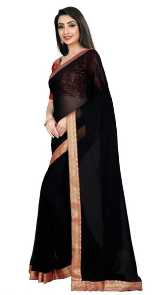 Mayawye Women's Chiifon Saree Printed Saree With Unstitched Blouse 5.5Mtr (Black)