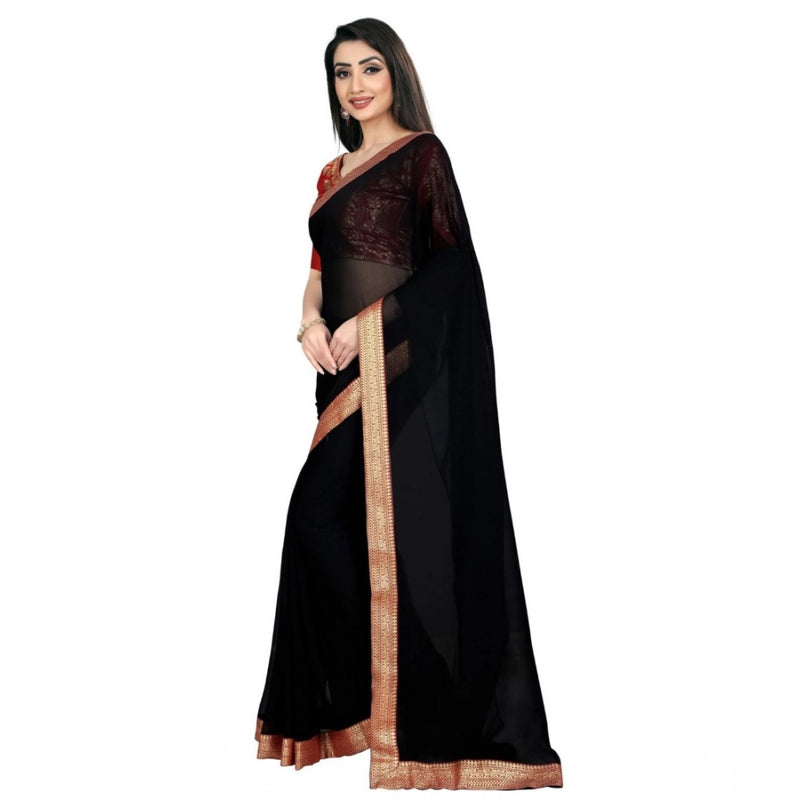 Mayawye Women's Chiifon Saree Printed Saree With Unstitched Blouse 5.5Mtr (Black)