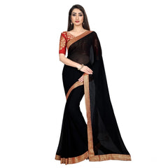 Mayawye Women's Chiifon Saree Printed Saree With Unstitched Blouse 5.5Mtr (Black)