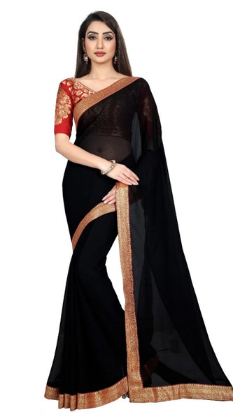 Mayawye Women's Chiifon Saree Printed Saree With Unstitched Blouse 5.5Mtr (Black)
