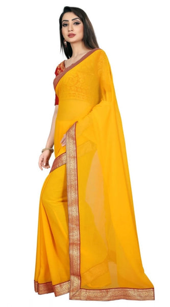 Mayawye Women's Chiifon Saree Printed Saree With Unstitched Blouse 5.5Mtr (Yellow)