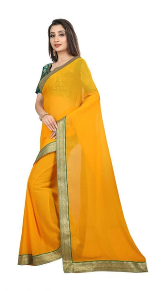 Mayawye Women's Chiifon Saree Printed Saree With Unstitched Blouse 5.5Mtr (Yellow)