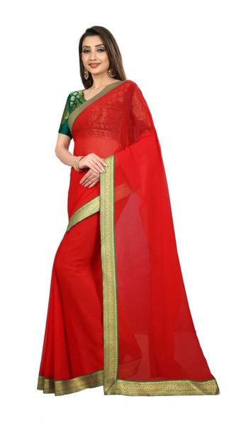 Mayawye Women's Chiifon Saree Printed Saree With Unstitched Blouse 5.5Mtr (Red)