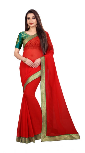 Mayawye Women's Chiifon Saree Printed Saree With Unstitched Blouse 5.5Mtr (Red)