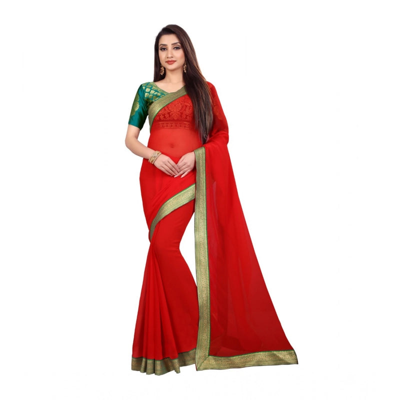 Mayawye Women's Chiifon Saree Printed Saree With Unstitched Blouse 5.5Mtr (Red)