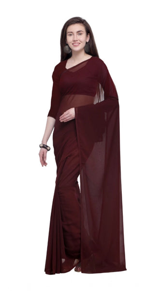 Mayawye Women's Dyed Solid Saree With Unstitched Blouse 5.5Mtr (Brown)