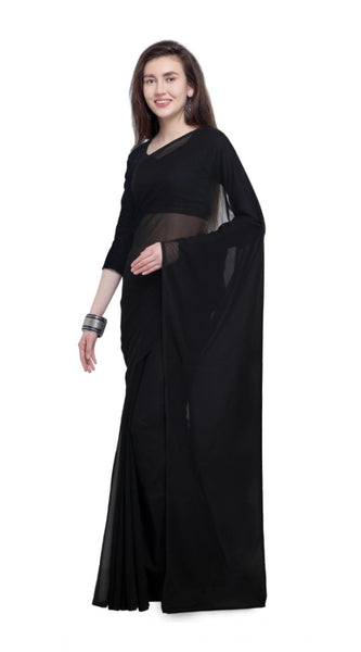 Mayawye Women's Dyed Solid Saree With Unstitched Blouse 5.5Mtr (Black)