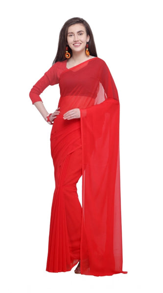 Mayawye Women's Dyed Solid Saree With Unstitched Blouse 5.5Mtr (Red)