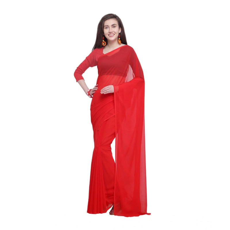 Mayawye Women's Dyed Solid Saree With Unstitched Blouse 5.5Mtr (Red)